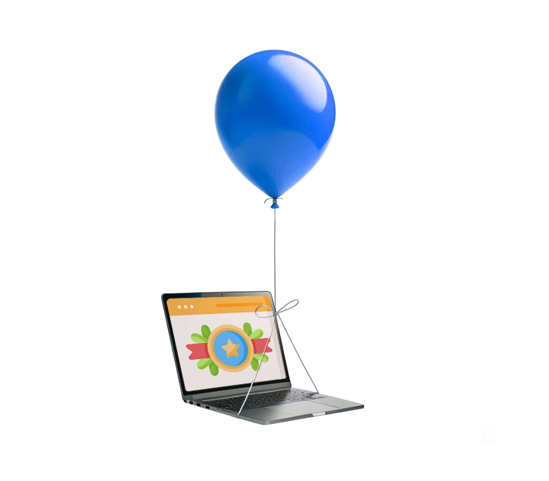 Bild: Laptop an einem blauen Heliumballon